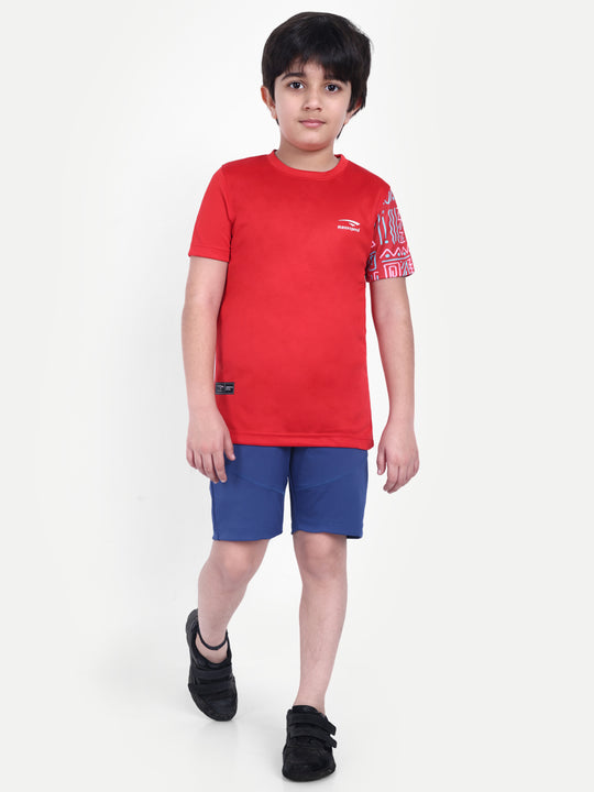 RED SOLID TEE WITH SLEEVE PRINT - KIDS