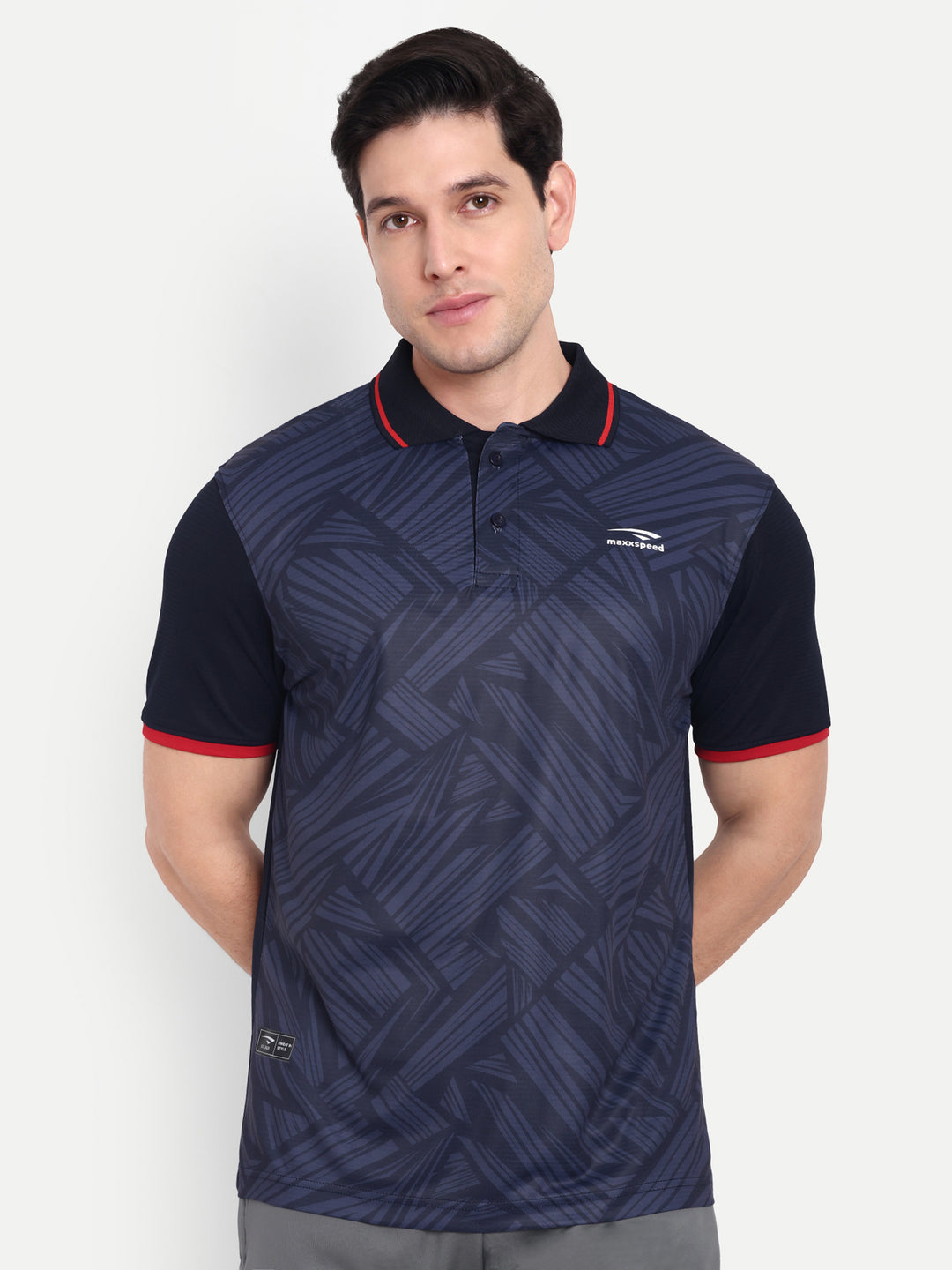 NAVY BLUE EMBOSSED PRINT POLO TEE