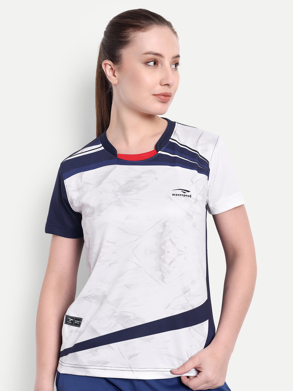 WHITE AND NAVY BLUE CRESCENT NECK TEE - WOMEN