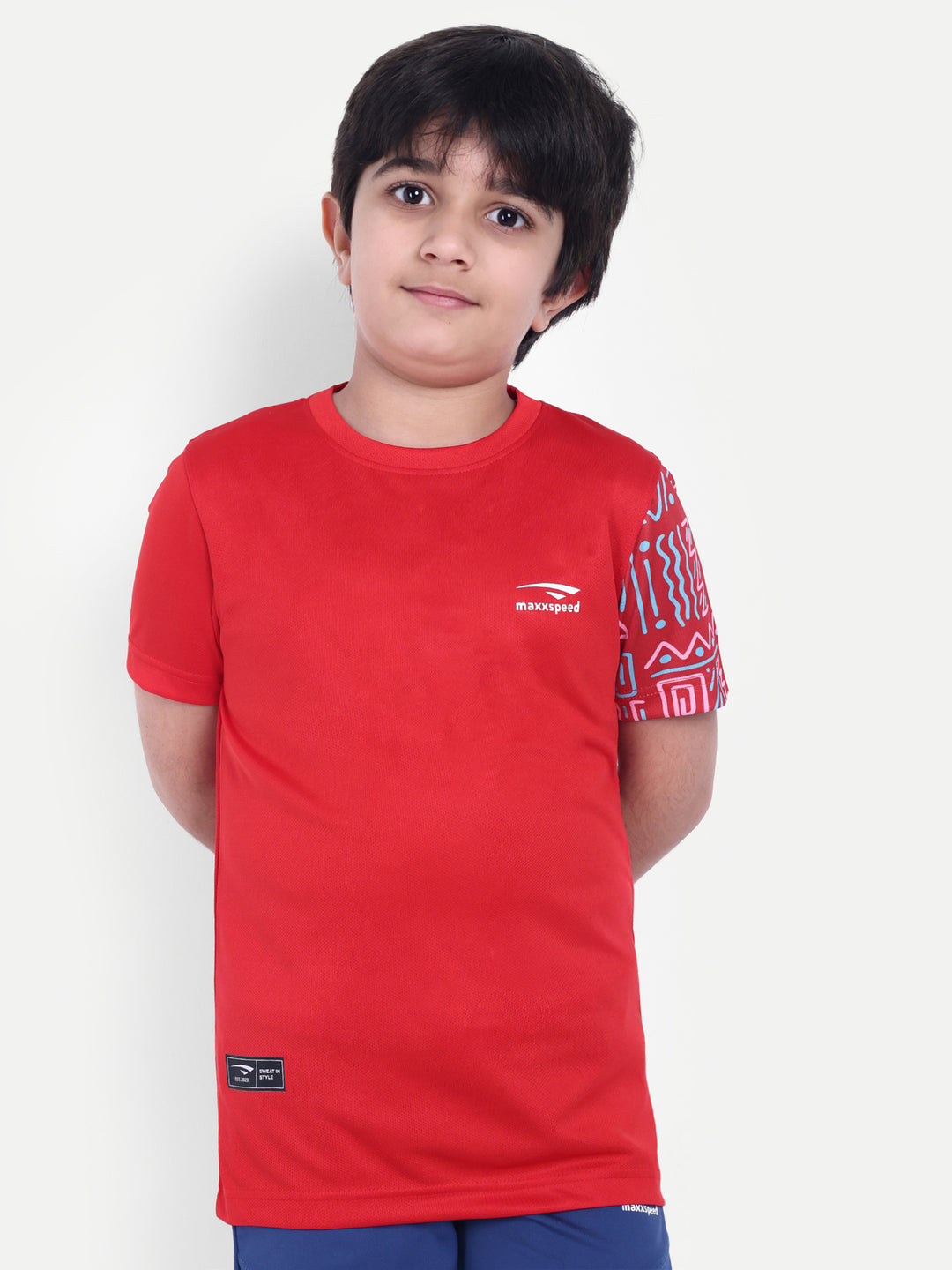 RED SOLID TEE WITH SLEEVE PRINT - KIDS