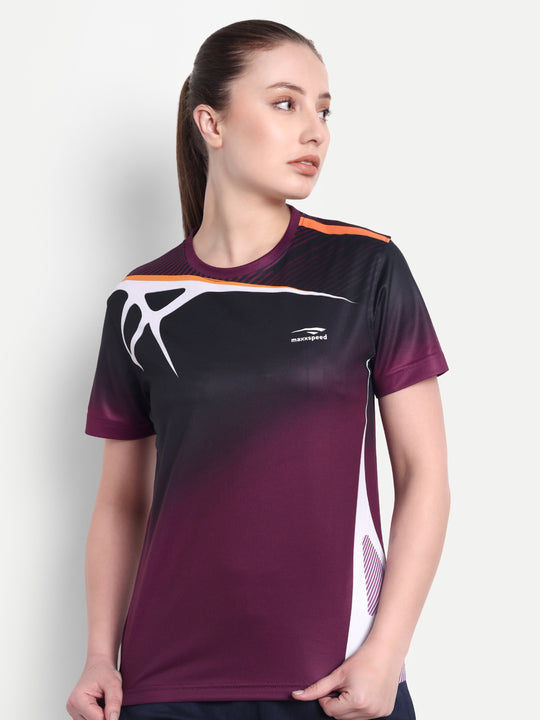 MAROON GRAPHIC BADMINTON T-SHIRT - WOMEN