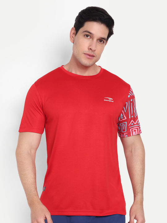 RED SOLID TEE WITH SLEEVE PRINT