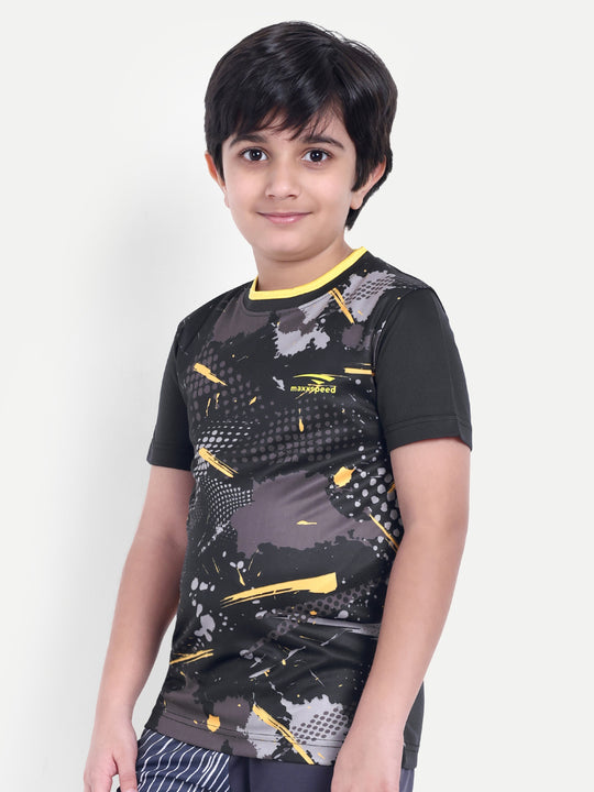 BLACK TEE WITH YELLOW TIPPING NECK - KIDS