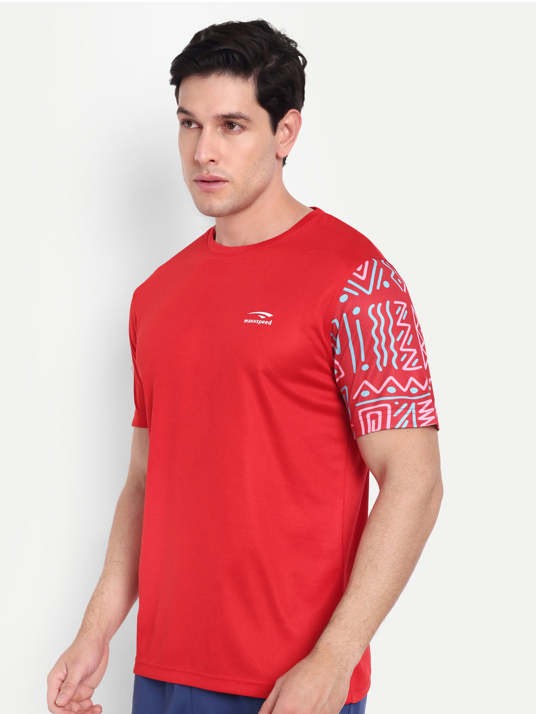 RED SOLID TEE WITH SLEEVE PRINT