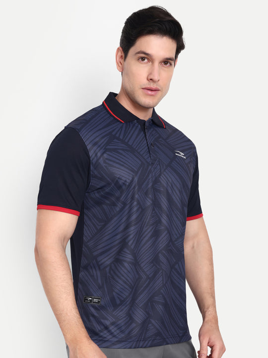 NAVY BLUE EMBOSSED PRINT POLO TEE