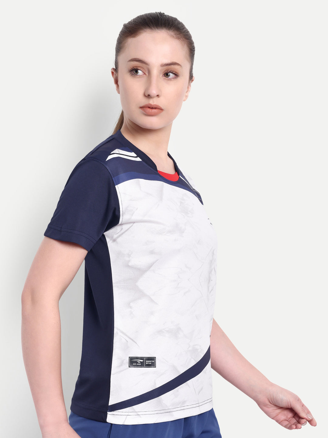 WHITE AND NAVY BLUE CRESCENT NECK TEE - WOMEN