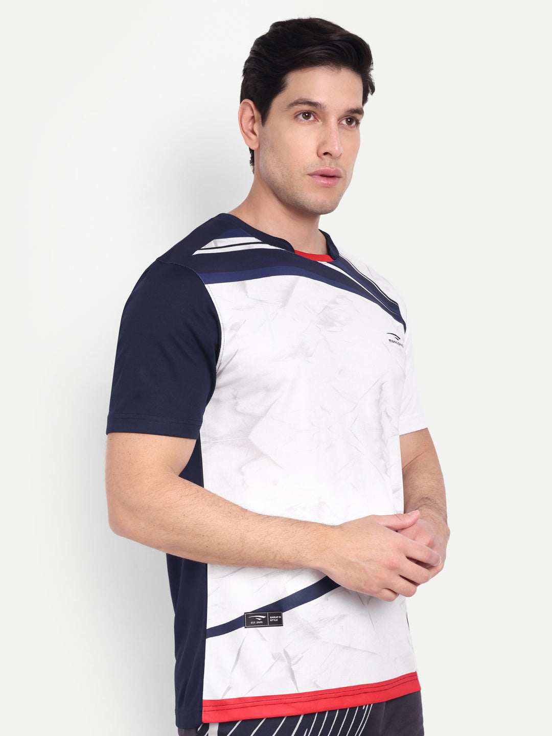 WHITE AND NAVY BLUE CRESCENT NECK TEE