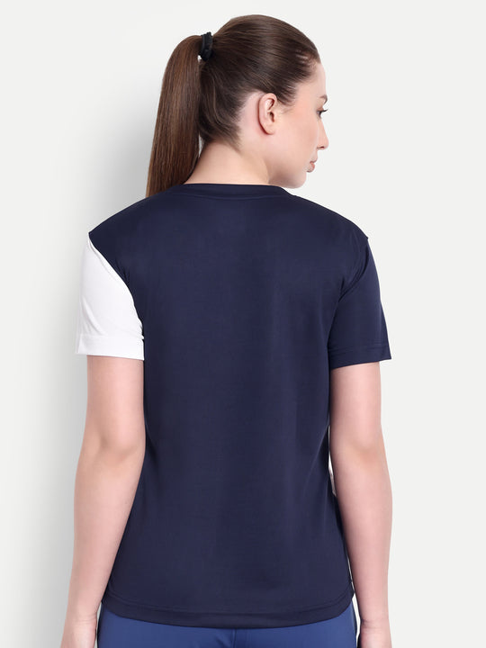 WHITE AND NAVY BLUE CRESCENT NECK TEE - WOMEN