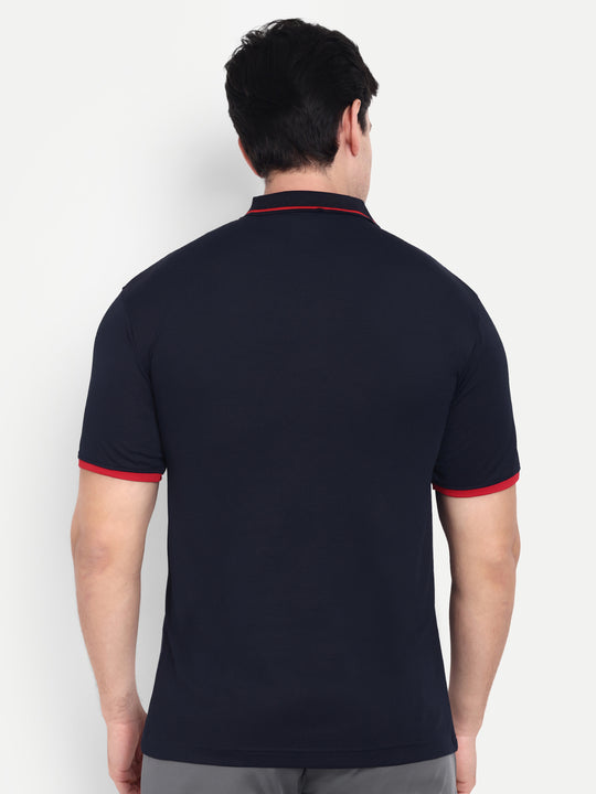 NAVY BLUE EMBOSSED PRINT POLO TEE