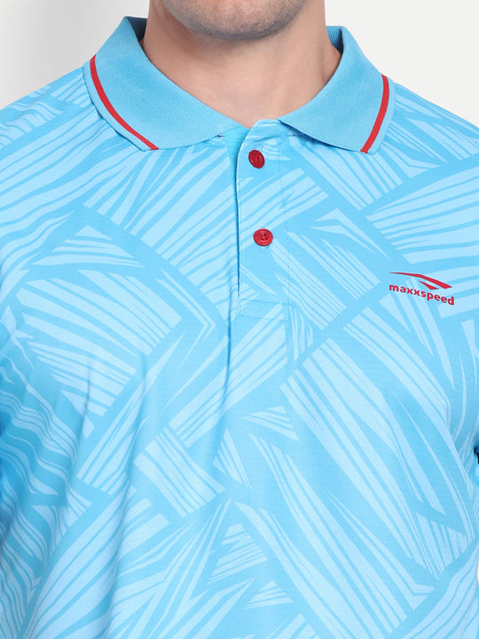 NEON BLUE EMBOSSED PRINT POLO TEE