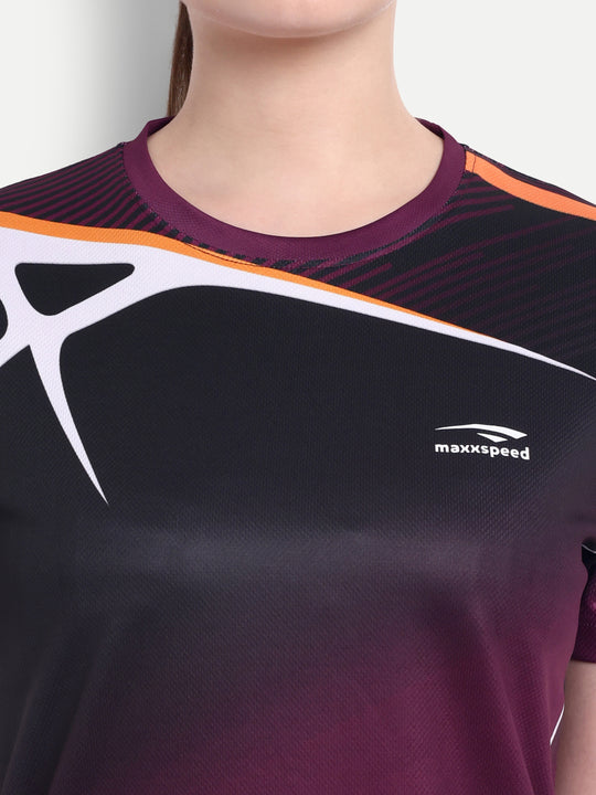 MAROON GRAPHIC BADMINTON T-SHIRT - WOMEN