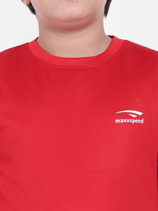 RED SOLID TEE WITH SLEEVE PRINT - KIDS