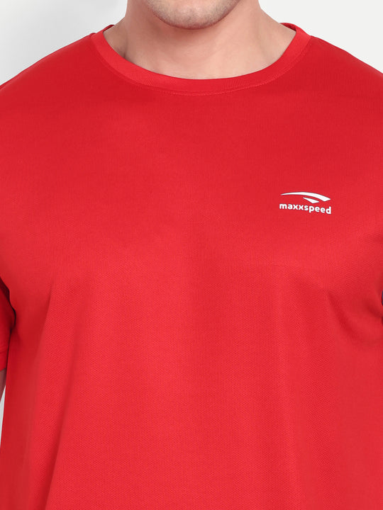 RED SOLID TEE WITH SLEEVE PRINT